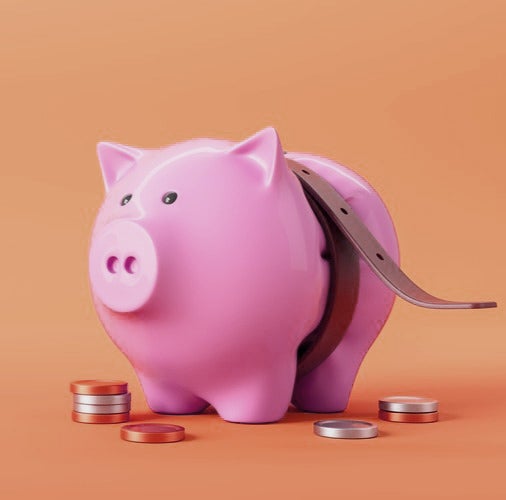 A piggy bank with a belt tied to it