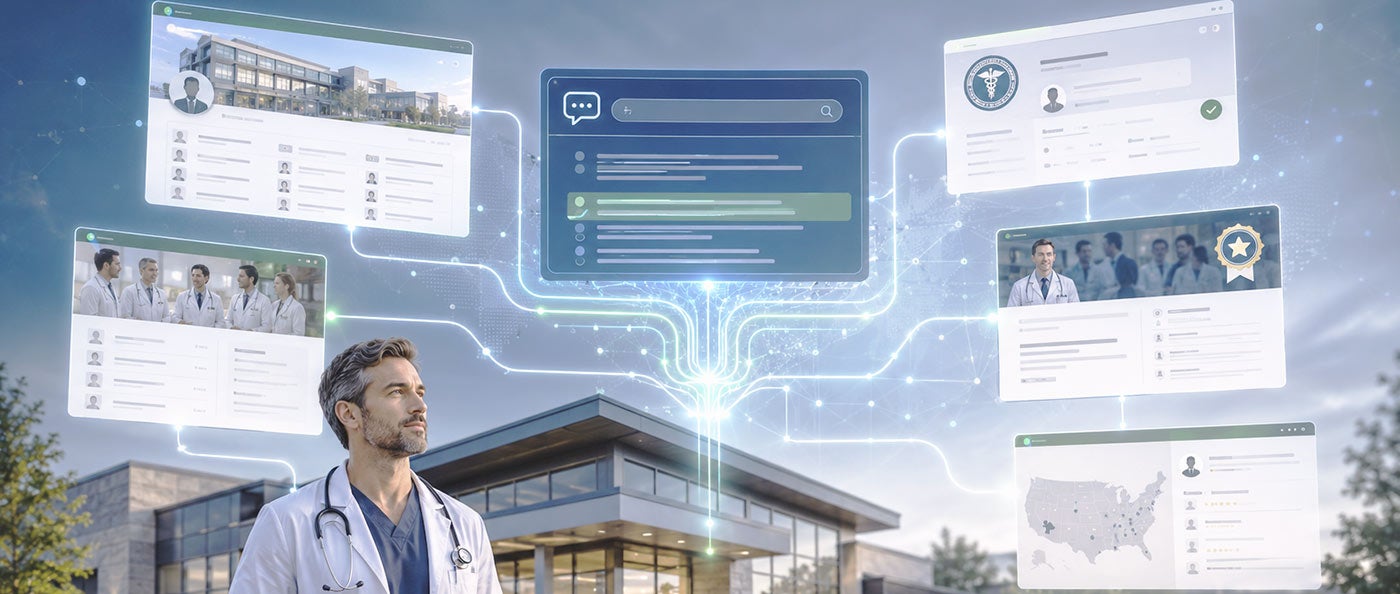 A doctor in front of a medical office, framed by various websites that help inform ChatGPT about the practice