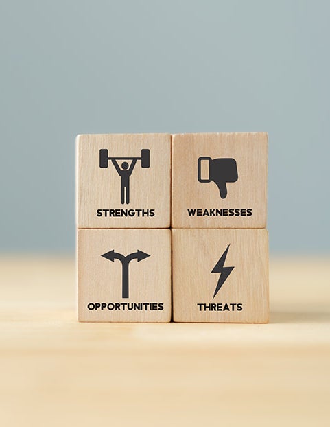 Wooden blocks representing the elements of a SWOT analysis: Strengths, Weaknesses, Opportunities and Threats